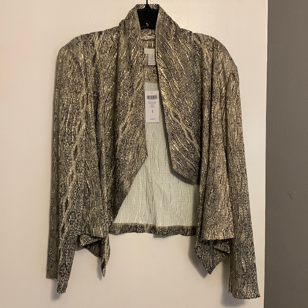 NWT—Chico’s Drape Front Jacket Metallic Crinkle (LS Jack) Gold
